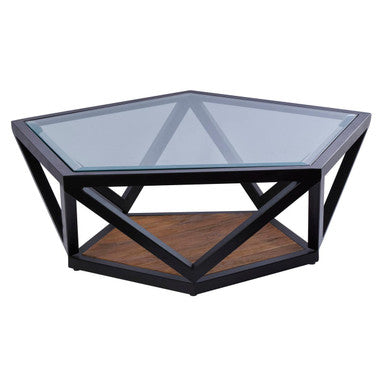 Black Hexagon Metal Frame Coffee Table With Glass Top, Cibo