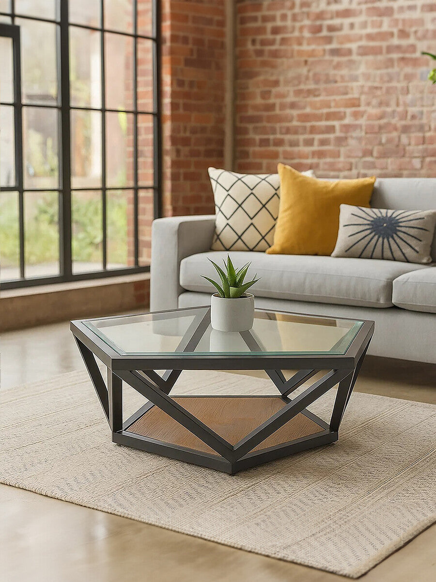 Black Hexagon Metal Frame Coffee Table With Glass Top, Cibo