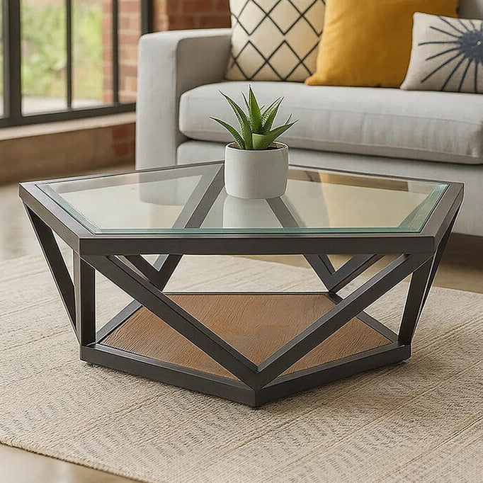 Black Hexagon Metal Frame Coffee Table With Glass Top, Cibo