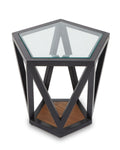Black Geometric Metal Frame Hexagon Side Table With Tempered Glass Top & Wood Base Inside, Cibo