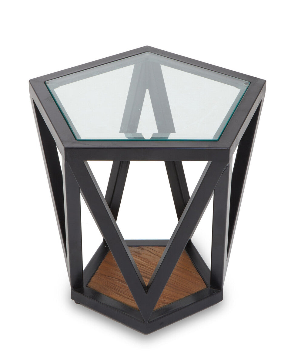 Black Geometric Metal Frame Hexagon Side Table With Tempered Glass Top & Wood Base Inside, Cibo
