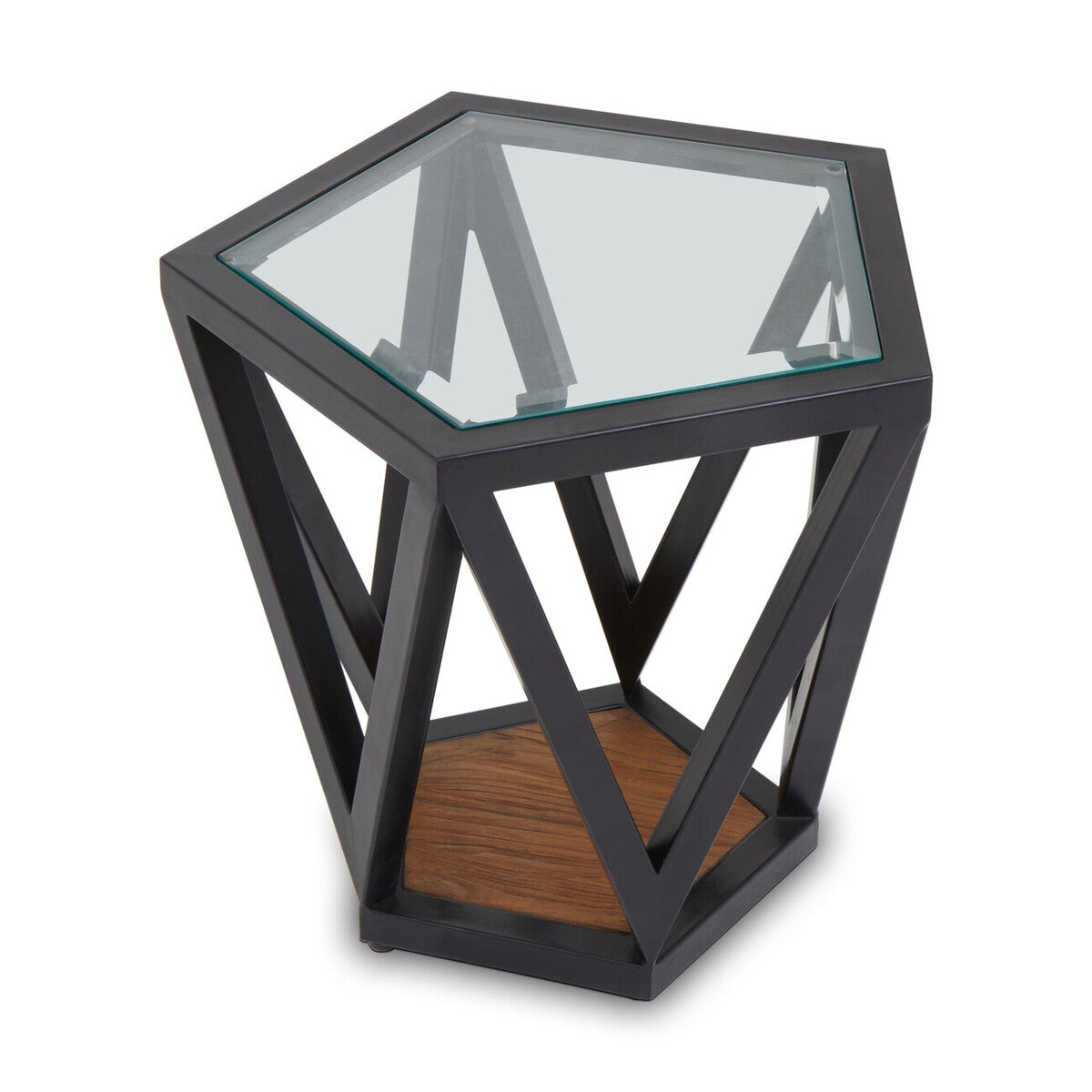 Black Geometric Metal Frame Hexagon Side Table With Tempered Glass Top & Wood Base Inside, Cibo