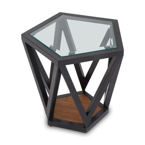Black Geometric Metal Frame Hexagon Side Table With Tempered Glass Top & Wood Base Inside, Cibo
