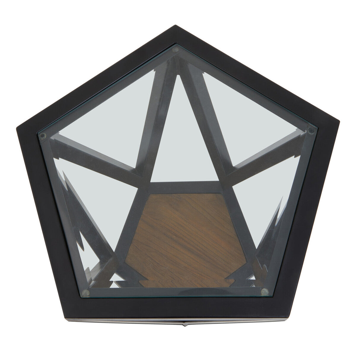 Black Geometric Metal Frame Hexagon Side Table With Tempered Glass Top & Wood Base Inside, Cibo