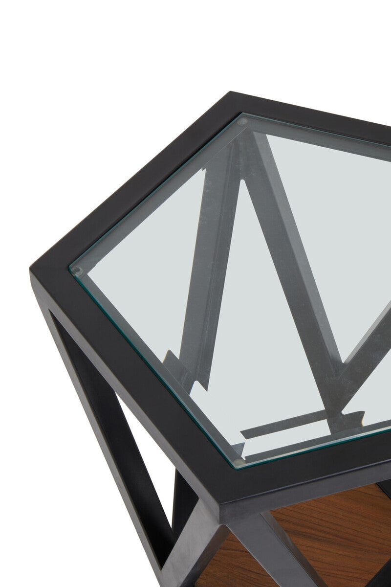 Black Geometric Metal Frame Hexagon Side Table With Tempered Glass Top & Wood Base Inside, Cibo