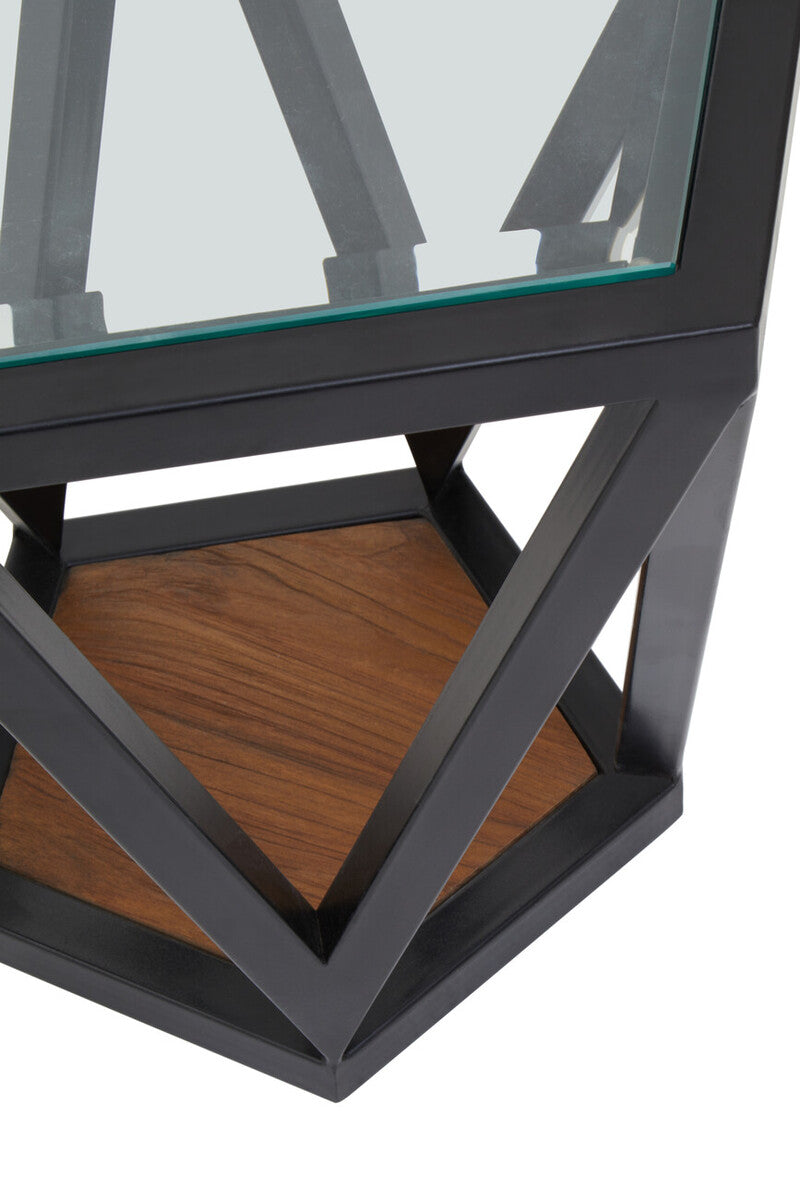 Black Geometric Metal Frame Hexagon Side Table With Tempered Glass Top & Wood Base Inside, Cibo