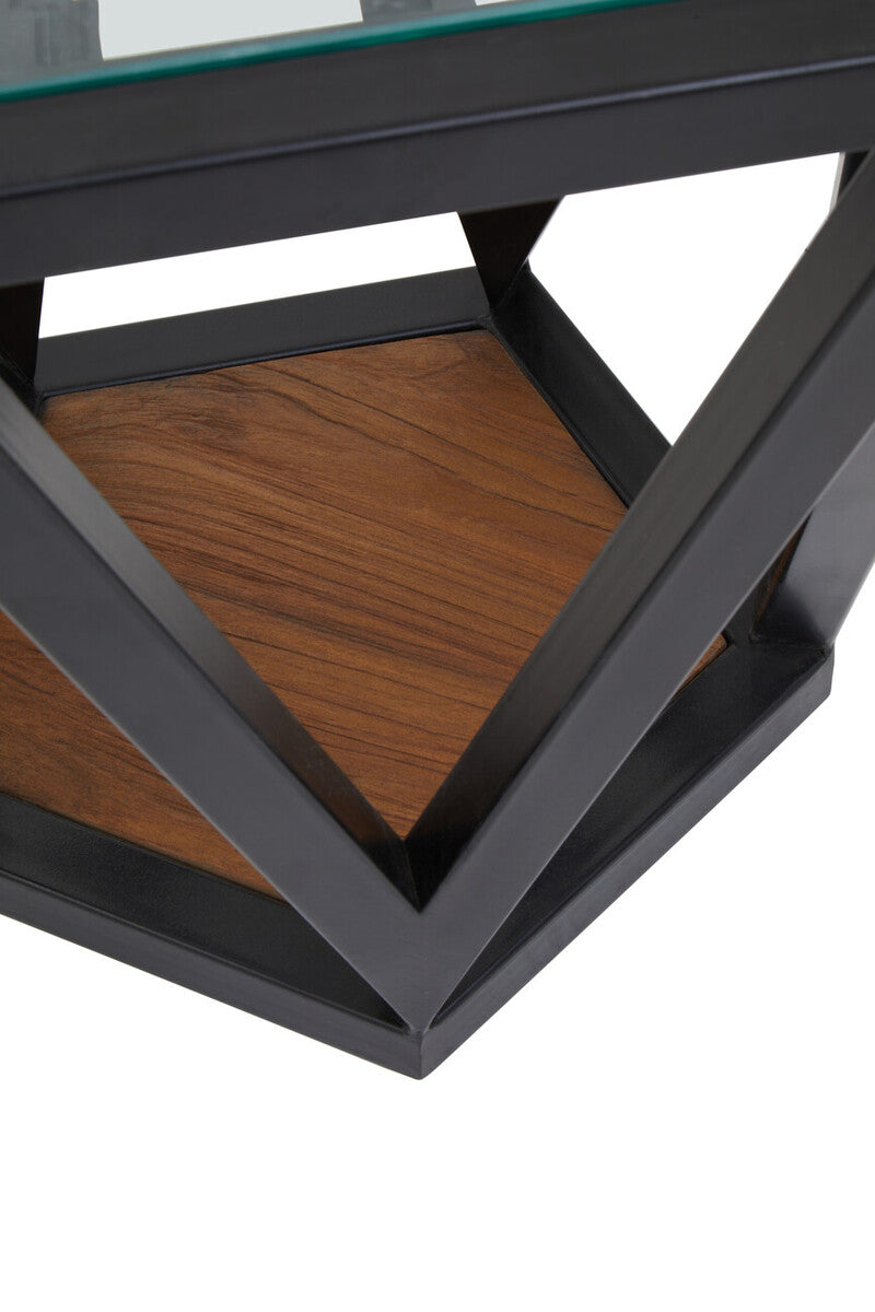 Black Geometric Metal Frame Hexagon Side Table With Tempered Glass Top & Wood Base Inside, Cibo