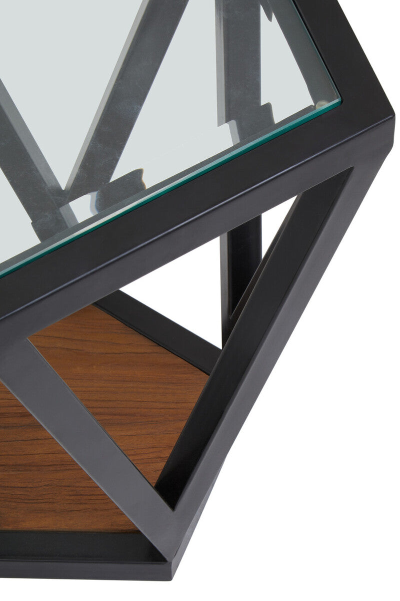 Black Geometric Metal Frame Hexagon Side Table With Tempered Glass Top & Wood Base Inside, Cibo