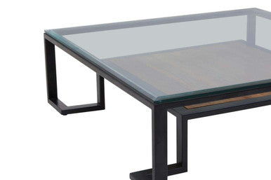 Black Wooden Frame & Glass Top Coffee Table With Shelf, Cibo