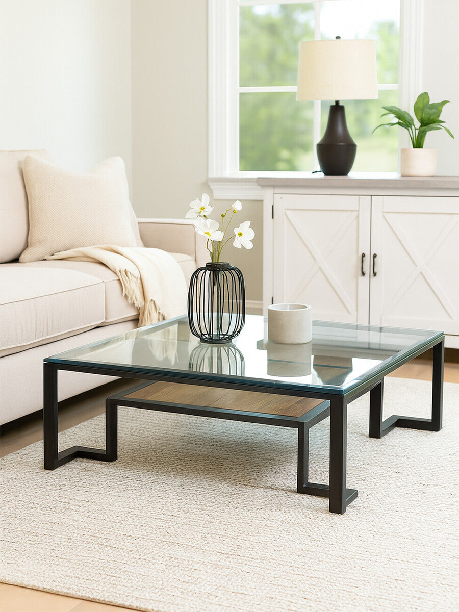 Black Wooden Frame & Glass Top Coffee Table With Shelf, Cibo