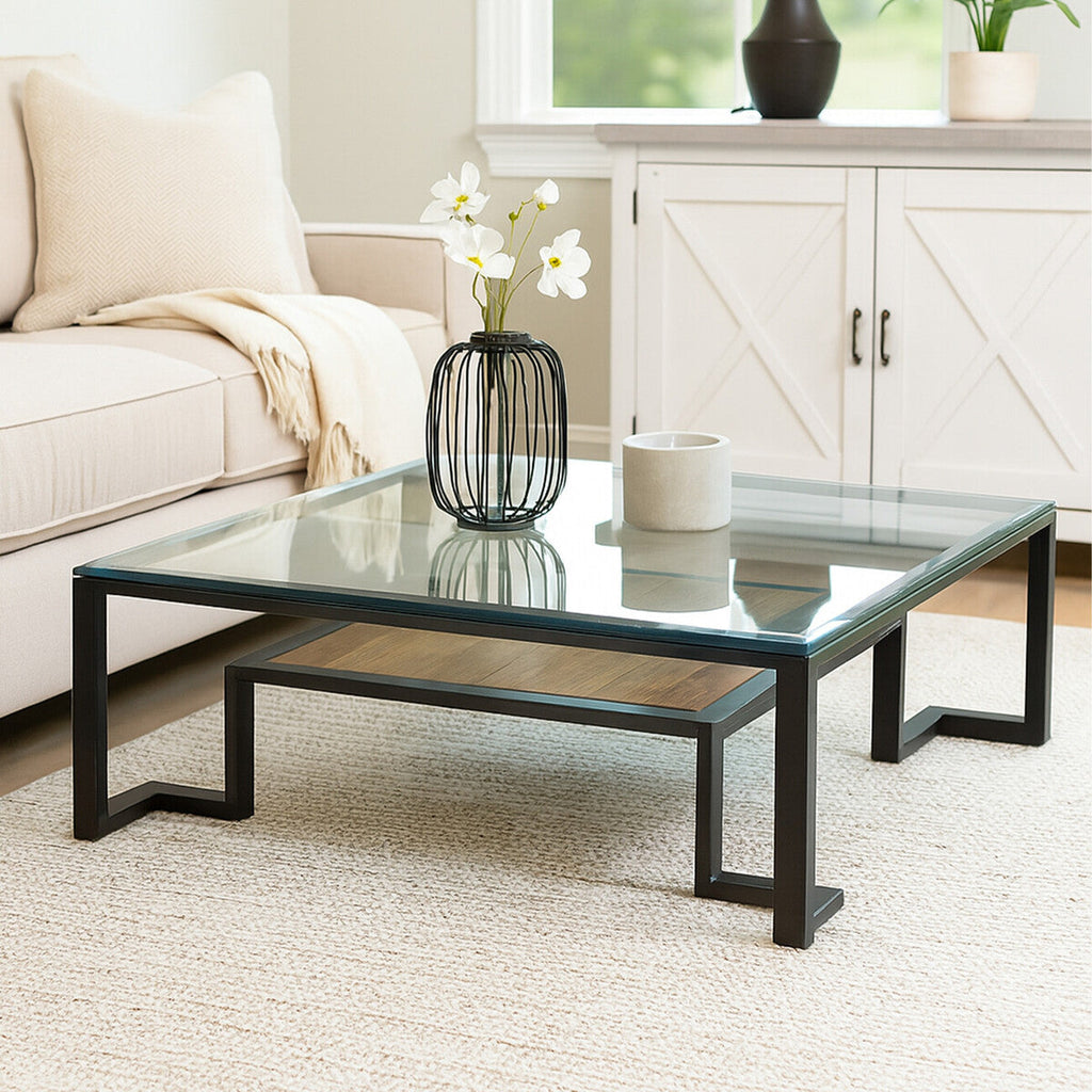 Black Wooden Frame & Glass Top Coffee Table With Shelf, Cibo