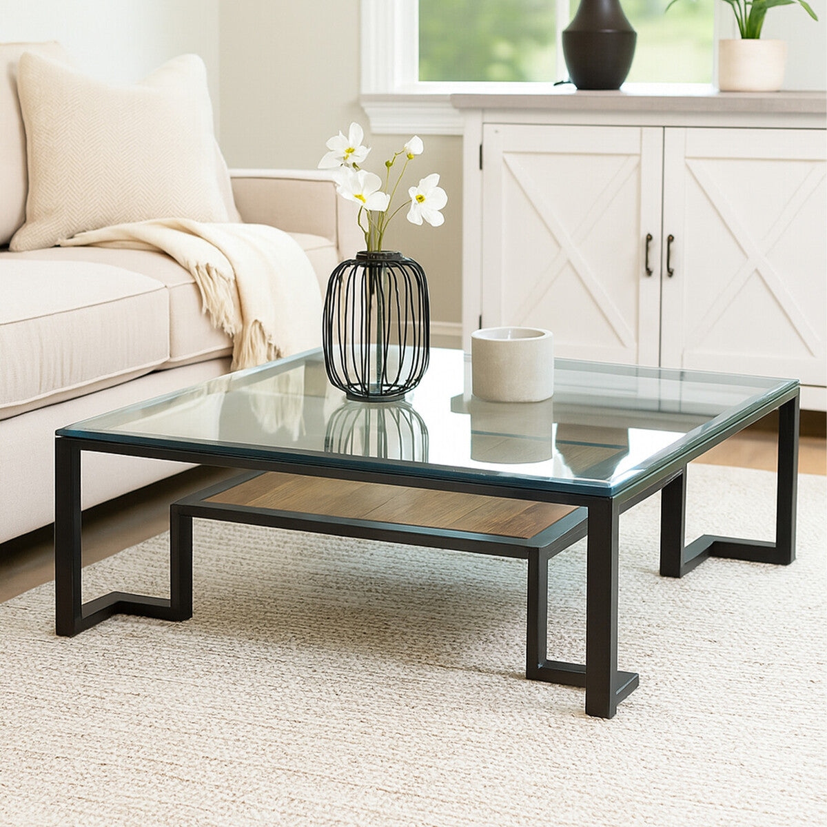 Black Wooden Frame & Glass Top Coffee Table With Shelf, Cibo
