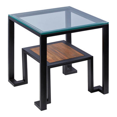 Clear Glass Top Side Table With Lower Wood Shelf & Black Metal Frame, Cibo