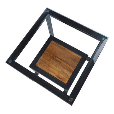 Clear Glass Top Side Table With Lower Wood Shelf & Black Metal Frame, Cibo