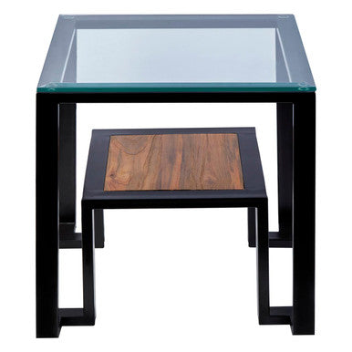 Clear Glass Top Side Table With Lower Wood Shelf & Black Metal Frame, Cibo