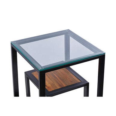 Clear Glass Top Side Table With Lower Wood Shelf & Black Metal Frame, Cibo