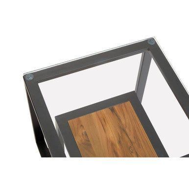 Clear Glass Top Side Table With Lower Wood Shelf & Black Metal Frame, Cibo