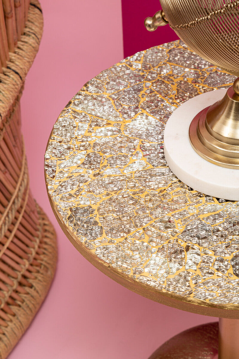 Geometric Mosaic Top Gold Side Table With Slim Column & Round Base, Inventivo