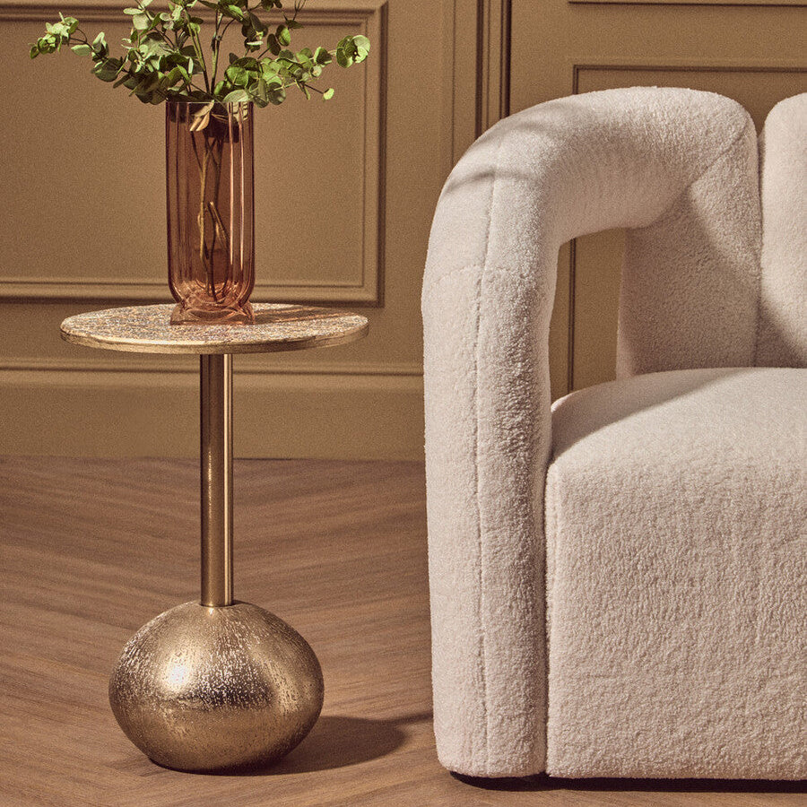 Geometric Mosaic Top Gold Side Table With Slim Column & Round Base, Inventivo