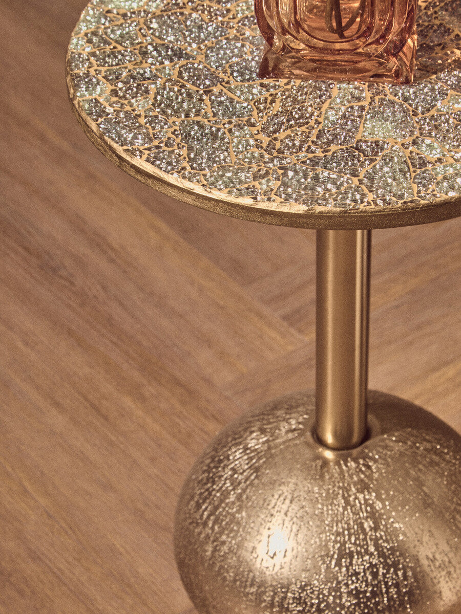 Geometric Mosaic Top Gold Side Table With Slim Column & Round Base, Inventivo