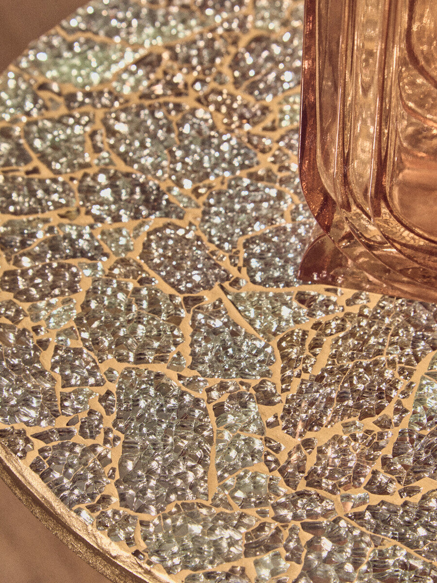 Geometric Mosaic Top Gold Side Table With Slim Column & Round Base, Inventivo