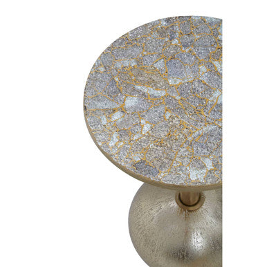 Geometric Mosaic Top Gold Side Table With Slim Column & Round Base, Inventivo