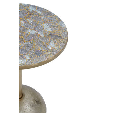 Geometric Mosaic Top Gold Side Table With Slim Column & Round Base, Inventivo