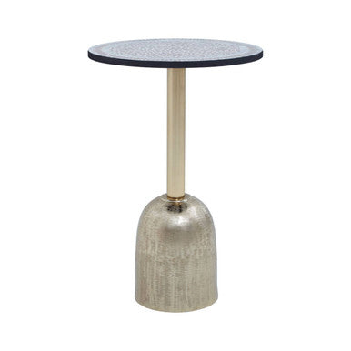 Geometric Mosaic Accent Side Table With Slim Gold Cylindrical Pedestal Base, Inventivo