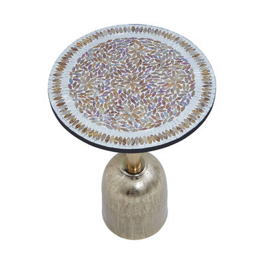 Geometric Mosaic Accent Side Table With Slim Gold Cylindrical Pedestal Base, Inventivo