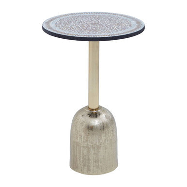 Geometric Mosaic Accent Side Table With Slim Gold Cylindrical Pedestal Base, Inventivo