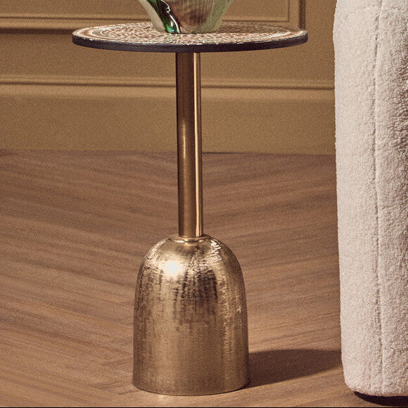 Geometric Mosaic Accent Side Table With Slim Gold Cylindrical Pedestal Base, Inventivo