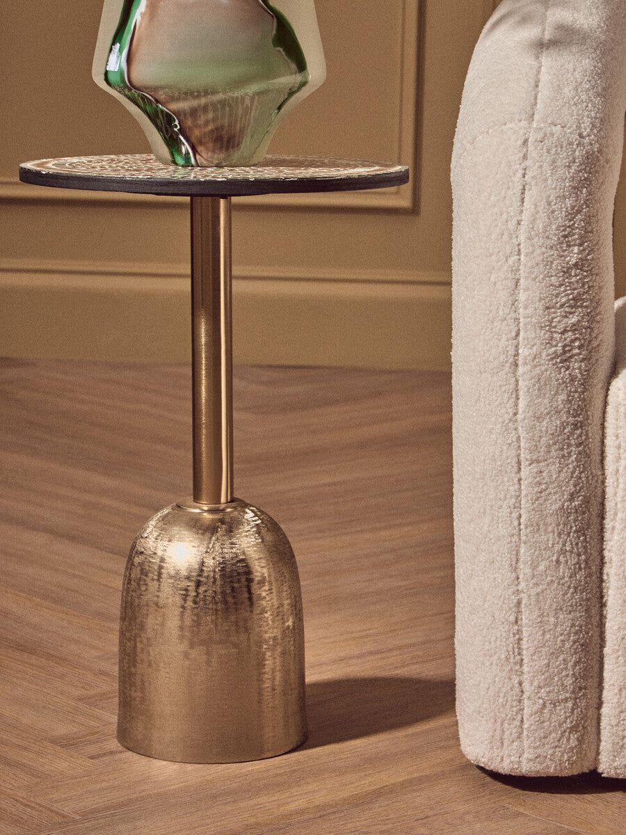 Geometric Mosaic Accent Side Table With Slim Gold Cylindrical Pedestal Base, Inventivo