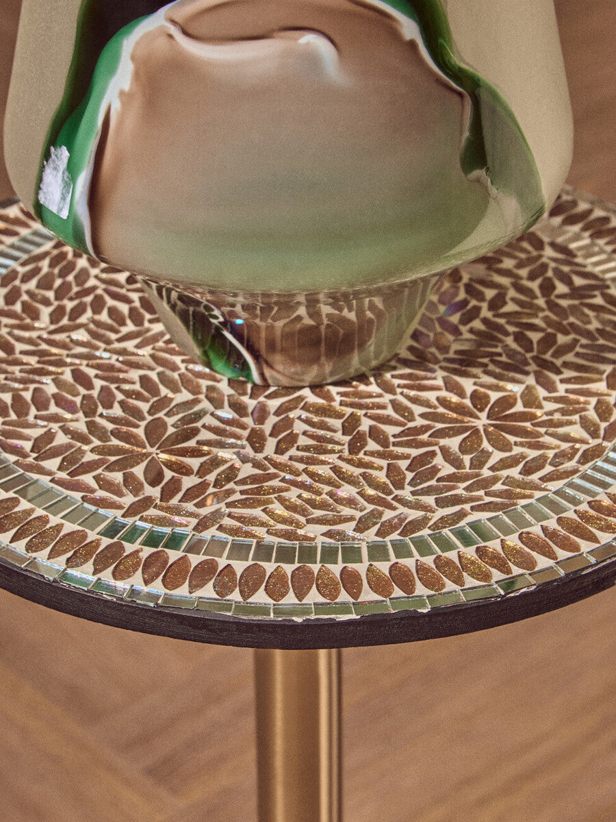 Geometric Mosaic Accent Side Table With Slim Gold Cylindrical Pedestal Base, Inventivo