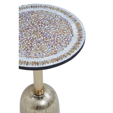 Geometric Mosaic Accent Side Table With Slim Gold Cylindrical Pedestal Base, Inventivo