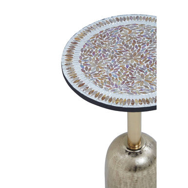 Geometric Mosaic Accent Side Table With Slim Gold Cylindrical Pedestal Base, Inventivo