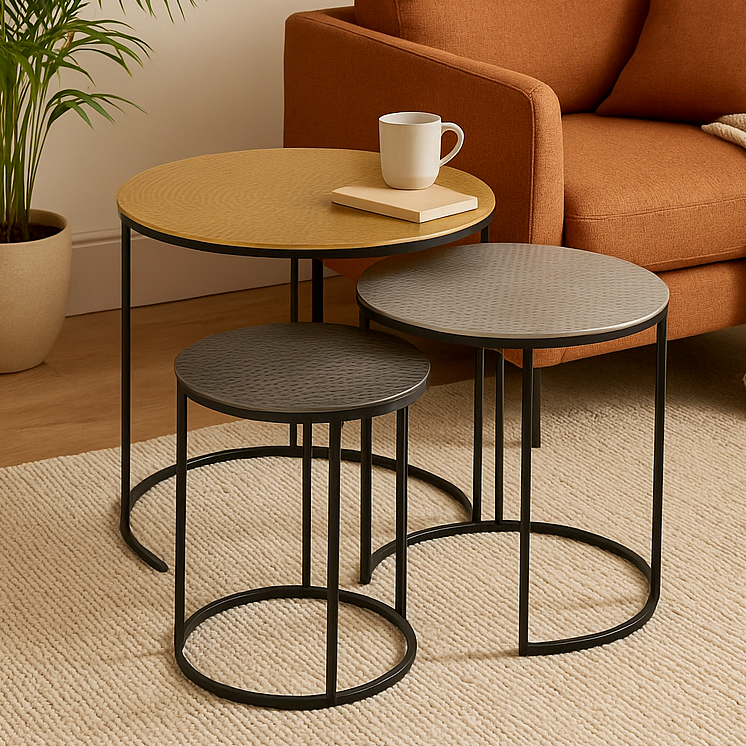 Set Of 3 Black & Gold Hammered Metal Nesting Tables, Elias
