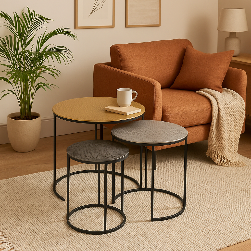 Set Of 3 Black & Gold Hammered Metal Nesting Tables, Elias