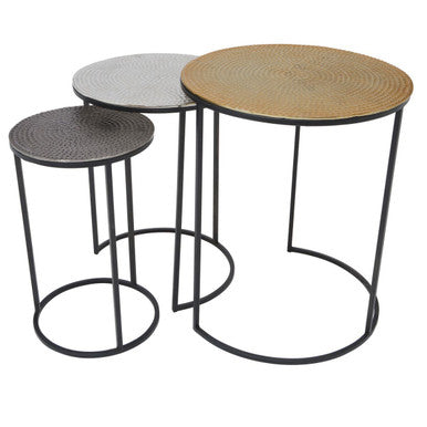 Set Of 3 Black & Gold Hammered Metal Nesting Tables, Elias