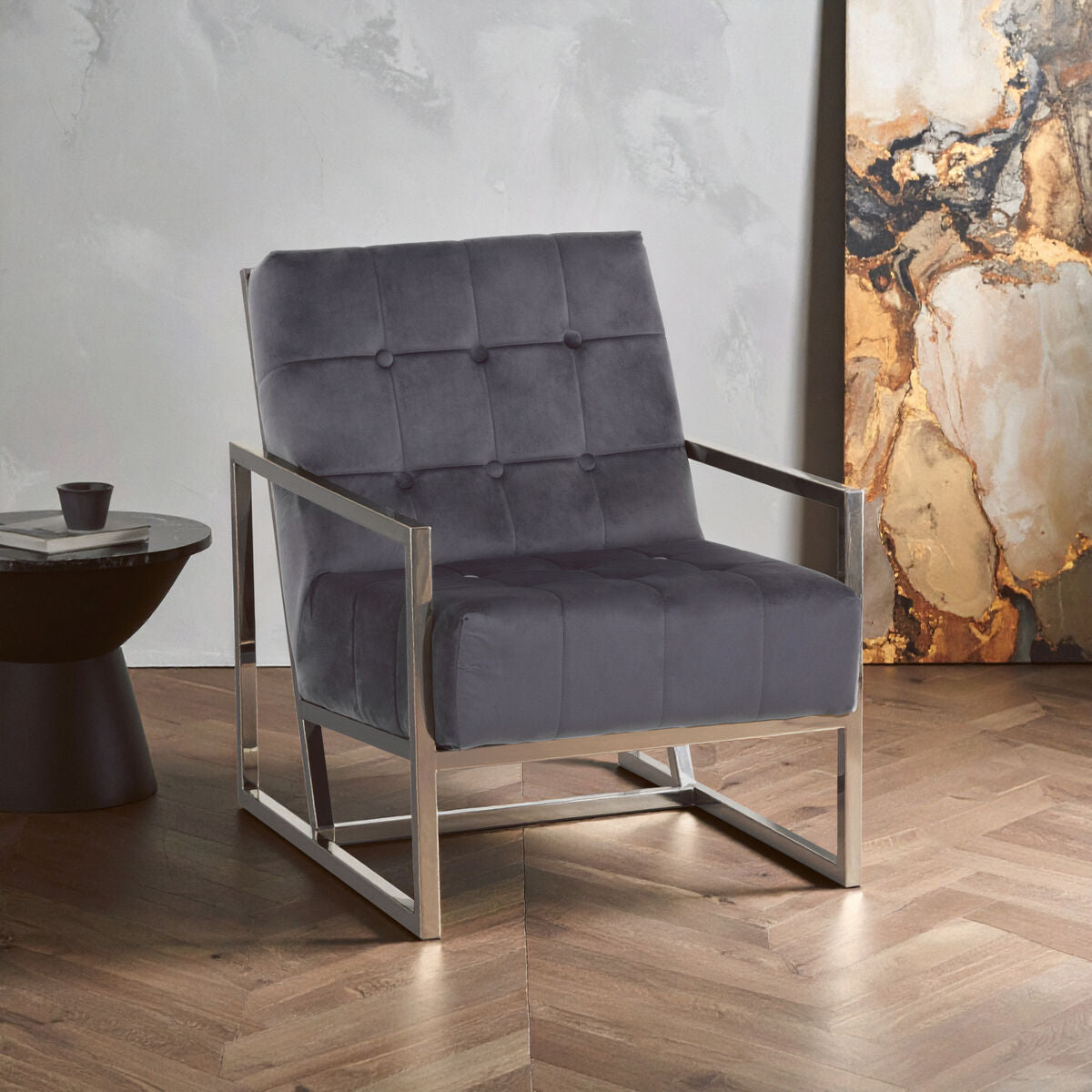 Hana Grey Velvet Chair With Stainless Steel Frame