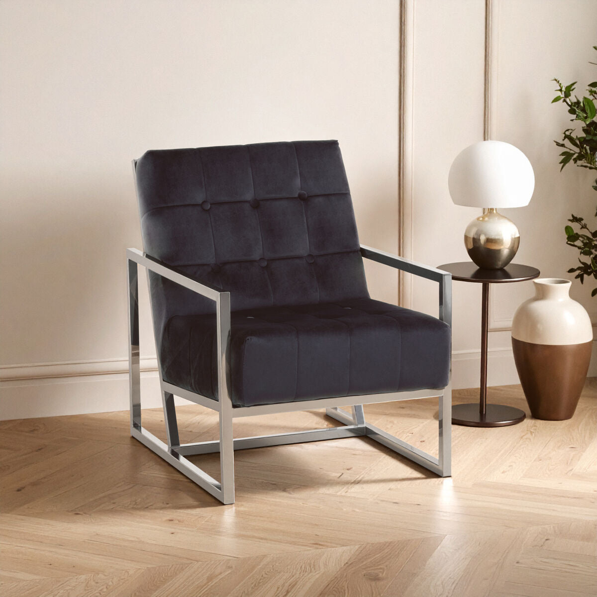 Hana Black Velvet Chair With Stainless Steel Frame