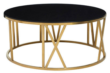 Brushed Gold Steel Side Table With Roman Numeral Frame & Black Tempered Glass Top, Alana