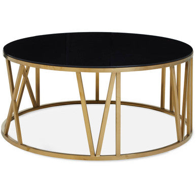 Brushed Gold Steel Side Table With Roman Numeral Frame & Black Tempered Glass Top, Alana