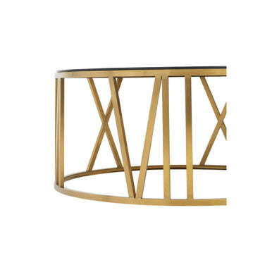 Brushed Gold Steel Side Table With Roman Numeral Frame & Black Tempered Glass Top, Alana