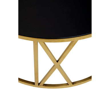 Brushed Gold Steel Side Table With Roman Numeral Frame & Black Tempered Glass Top, Alana
