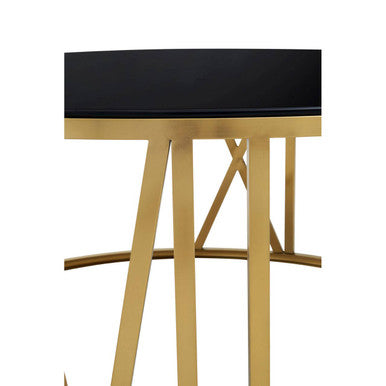 Brushed Gold Steel Side Table With Roman Numeral Frame & Black Tempered Glass Top, Alana