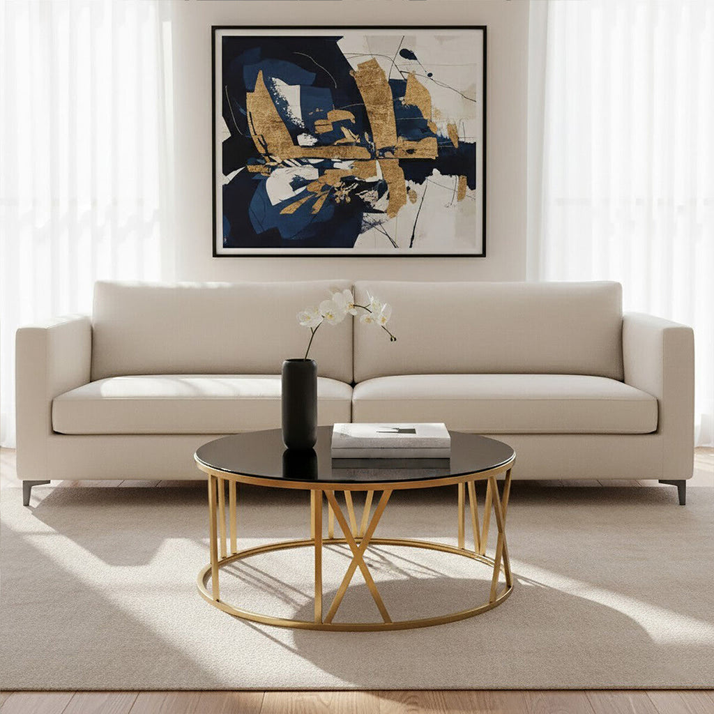Brushed Gold Steel Side Table With Roman Numeral Frame & Black Tempered Glass Top, Alana