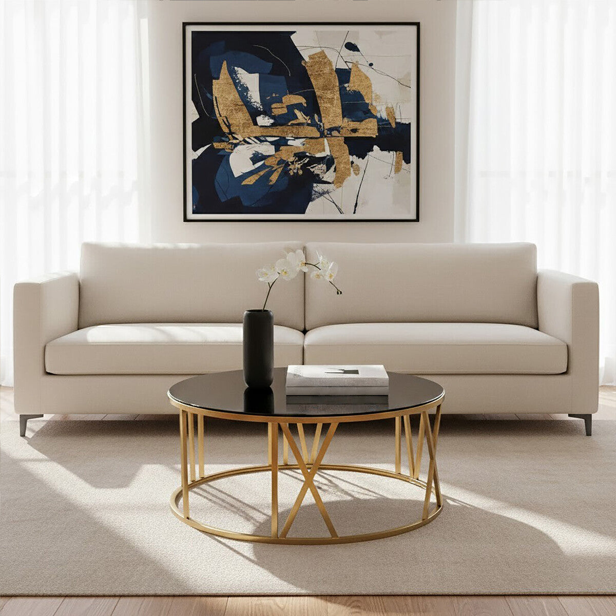 Brushed Gold Steel Side Table With Roman Numeral Frame & Black Tempered Glass Top, Alana