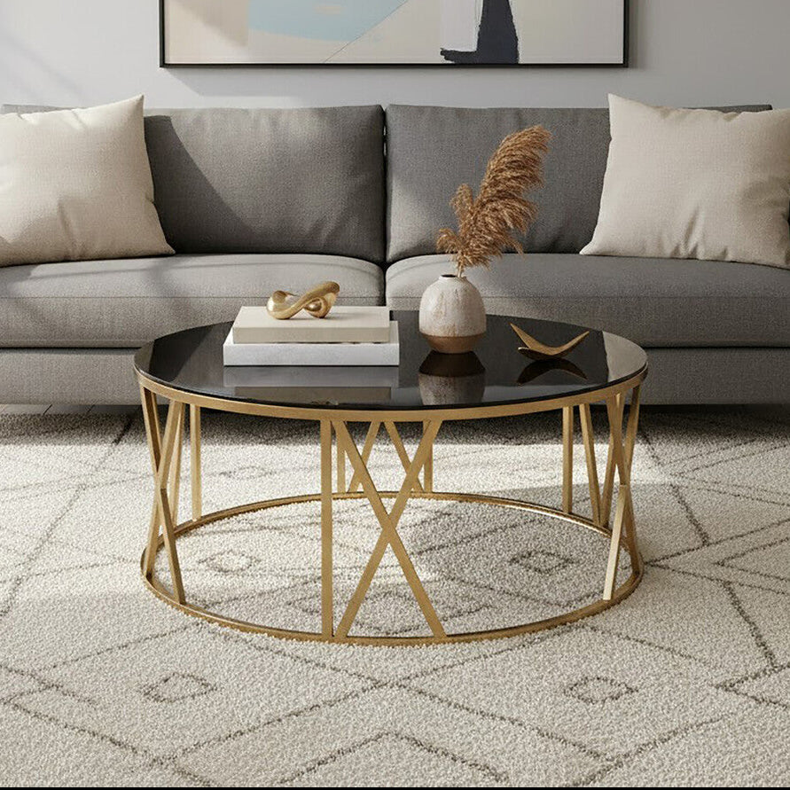Brushed Gold Steel Side Table With Roman Numeral Frame & Black Tempered Glass Top, Alana
