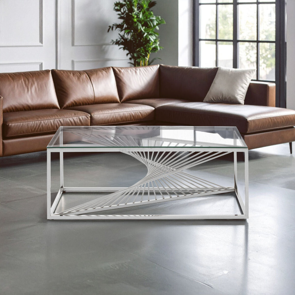 Silver Steel Frame Coffee Table With Glass Top, Amella