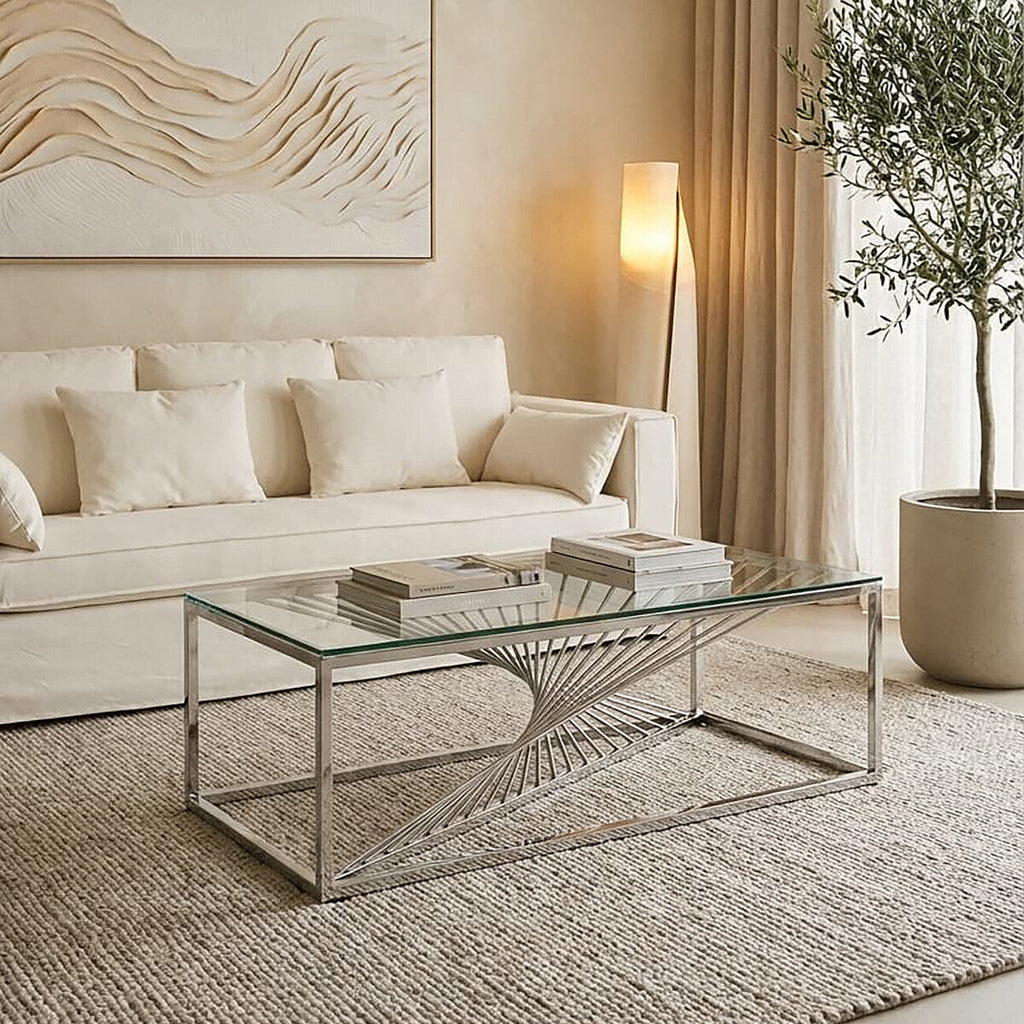 Silver Steel Frame Coffee Table With Glass Top, Amella